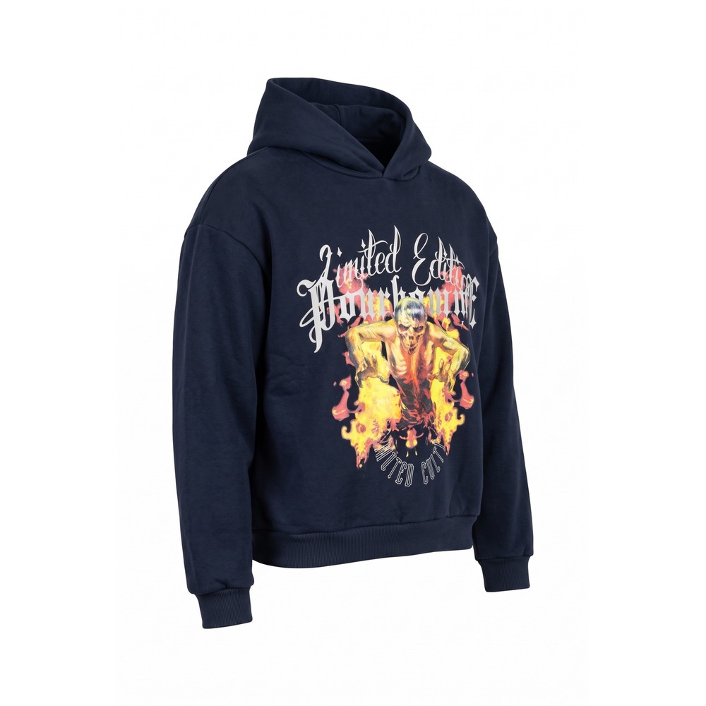 BoohooMAN Limited Edition Graphic Hoodie Navy Blue Skeleton Flame Streetwear S
